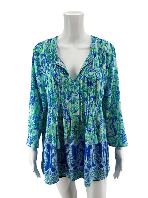 Lilly Pulitzer Elsa Tunic Top Hook Line Sinker Print Blue Green Size Large