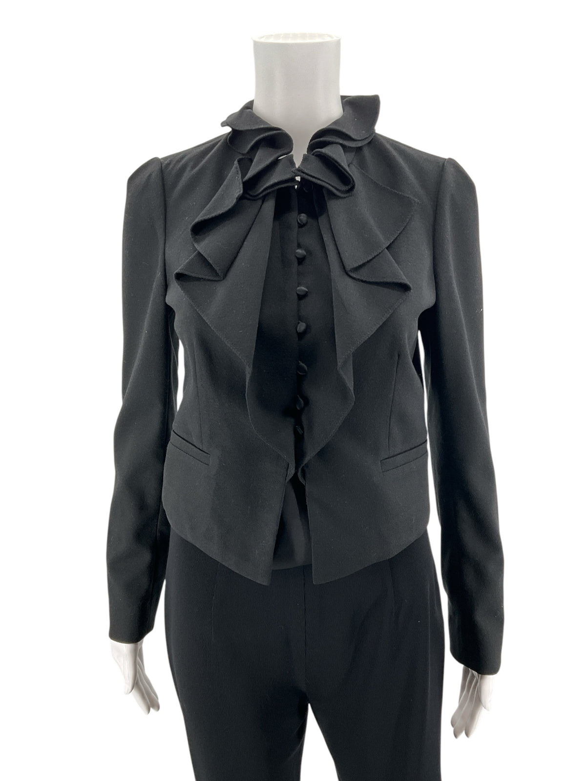 Rebecca Taylor Black Lambswool Ruffle Front Blazer Jacket Size 4