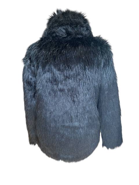 Back view of Fashionable Jacket Size Large featuring sleek black faux fur and a cozy high collar for a chic winter look.