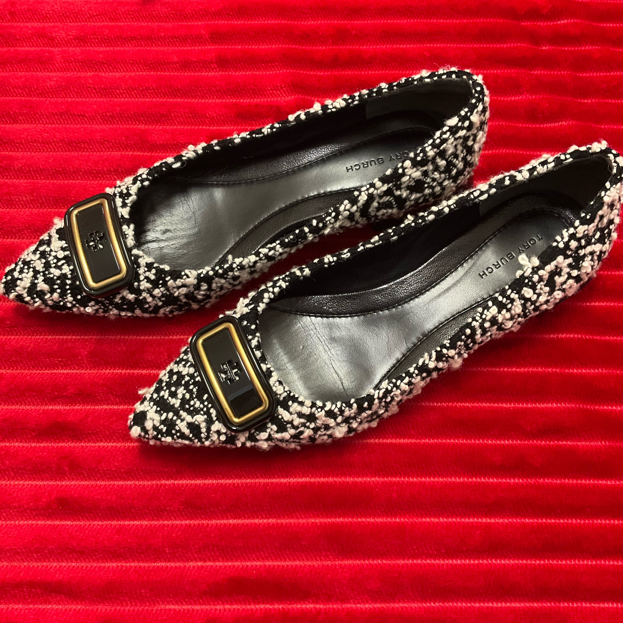 Tory Burch Black/White Buckle Flats Size 8.5  front view