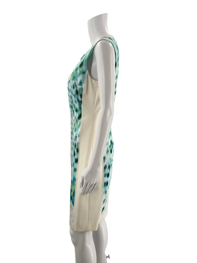 Side profile of Elie Tahari aqua print dress, size 8. Features sleek silhouette and sleeveless design, perfect for stylish occasions.