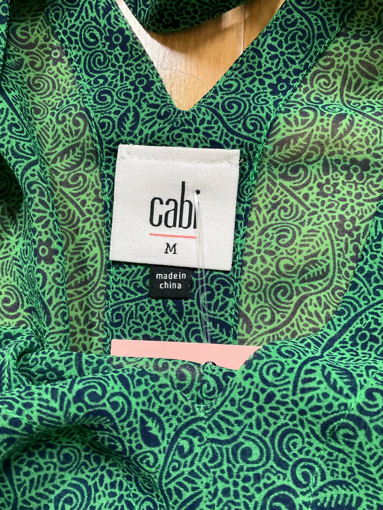 cabi Whistle Blouse Emerald Paisley V-Neck Sheer Top Green Navy Size Medium