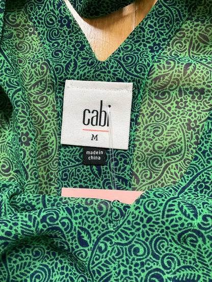 cabi Whistle Blouse Emerald Paisley V-Neck Sheer Top Green Navy Size Medium
