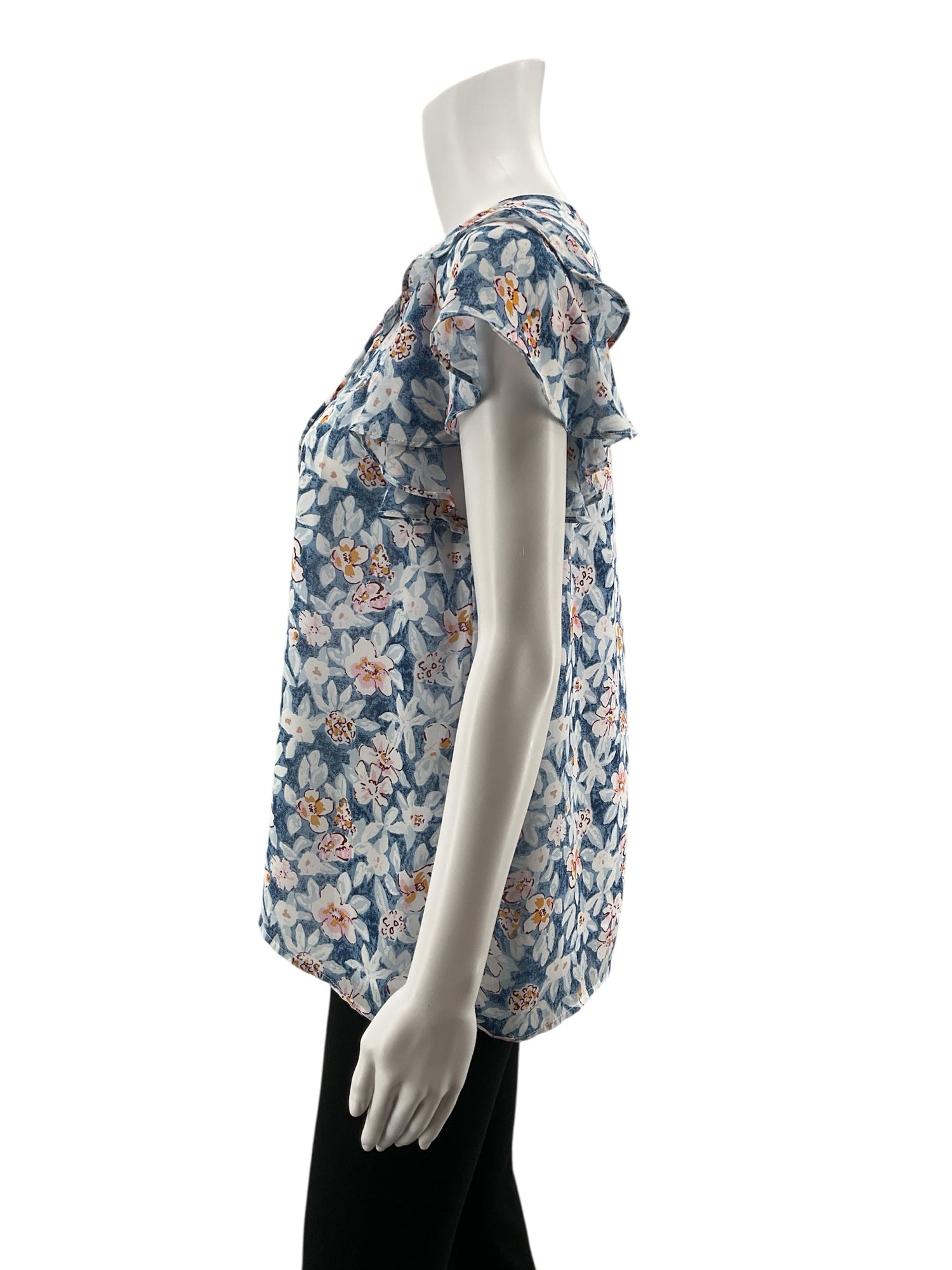 Melloday Floral Ruffle V-Neck Blouse Size Medium Blue White