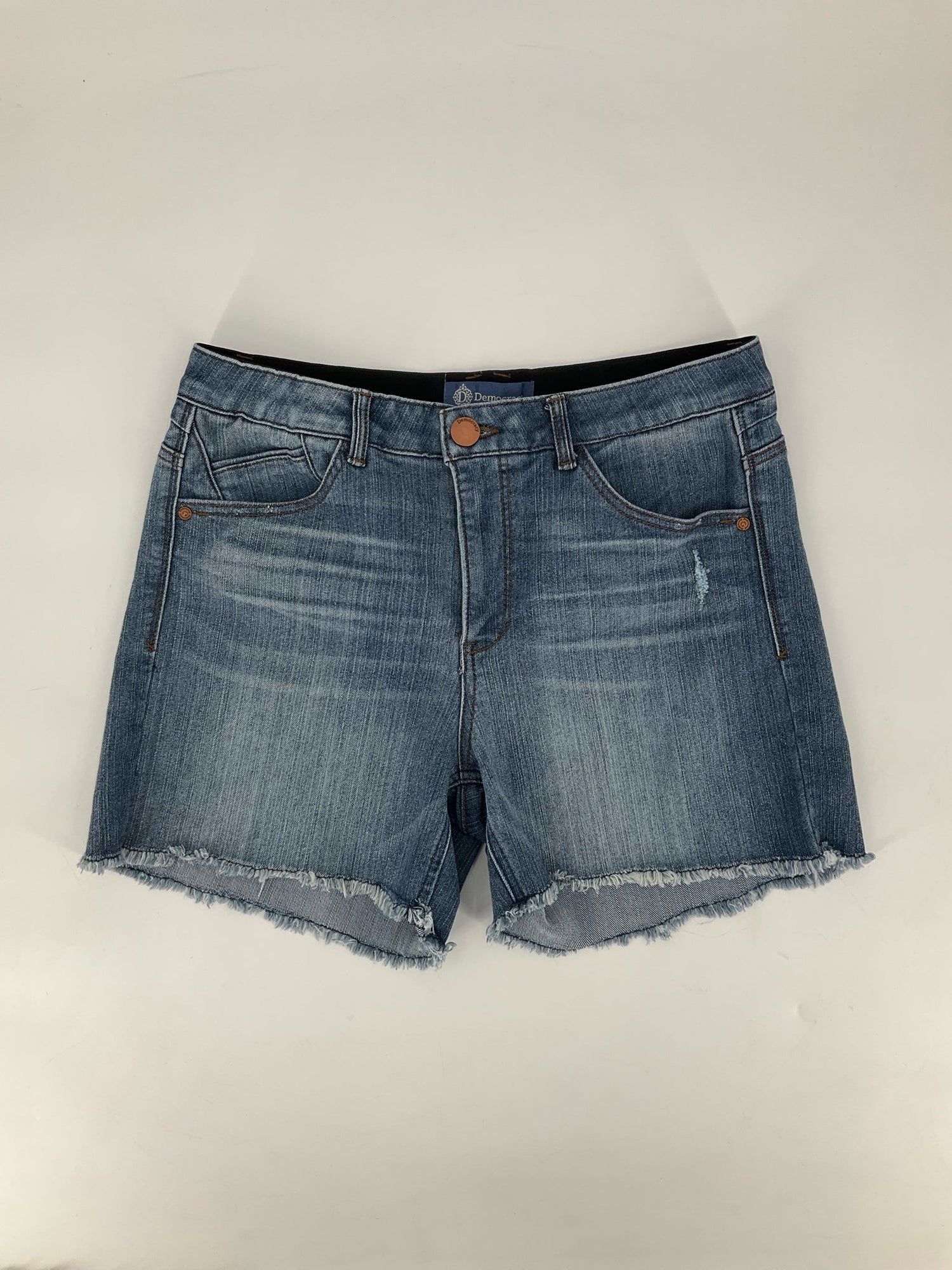 Democracy blue denim high rise ladies shorts, size 8, featuring a classic cut-off design and frayed hem.