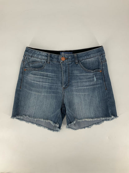 Democracy blue denim high rise ladies shorts, size 8, featuring a classic cut-off design and frayed hem.