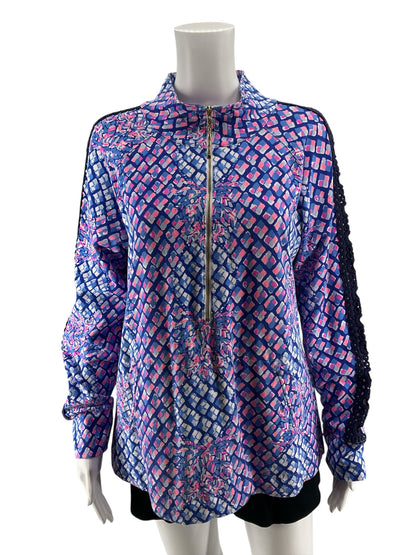 Lilly Pulitzer Skipper Popover Top Large Electric Blue Palette Print Half Zip