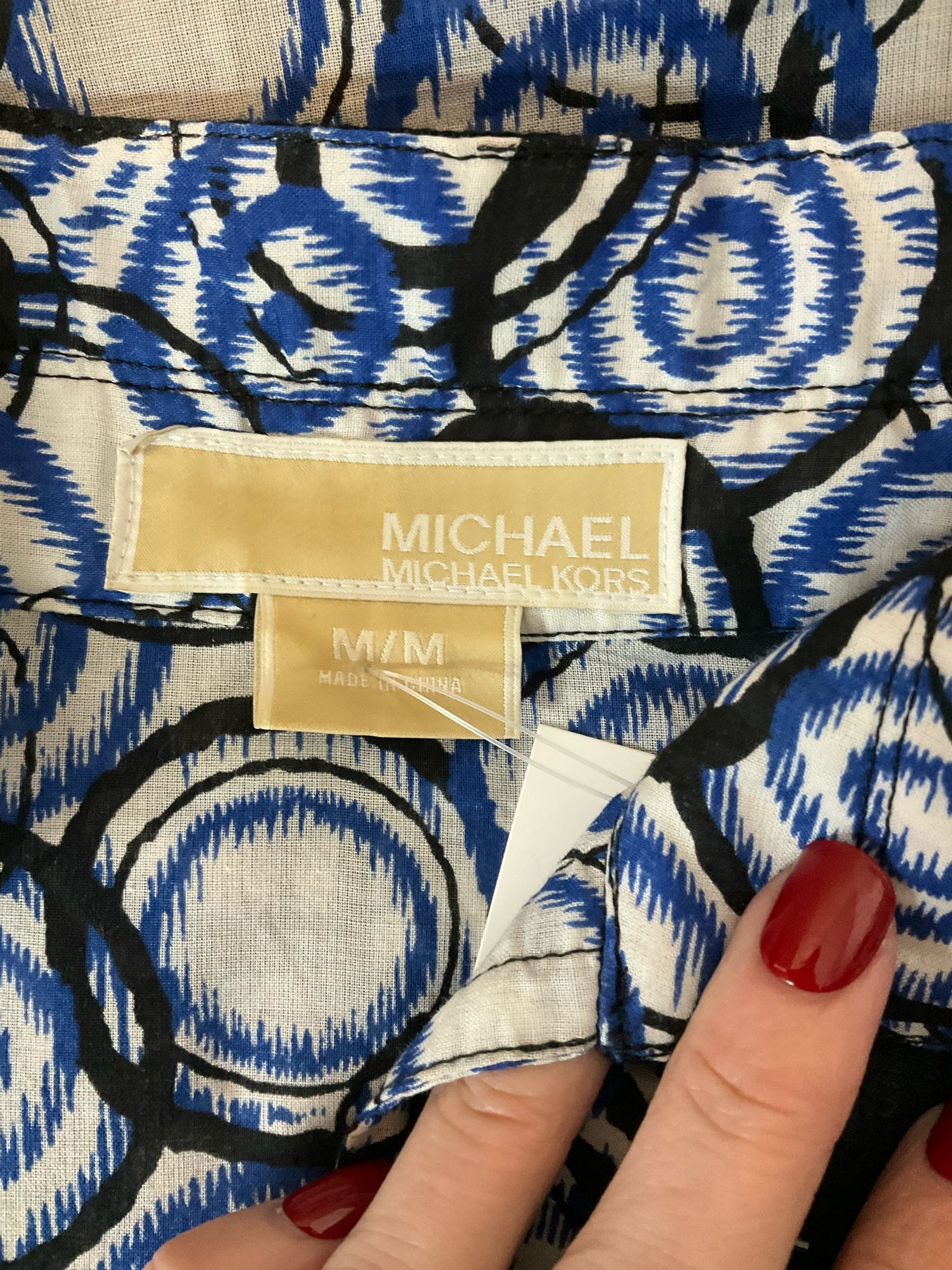 MICHAEL Michael Kors Blue &amp; White Scribble Circle Print Cotton Tunic Top Size Medium