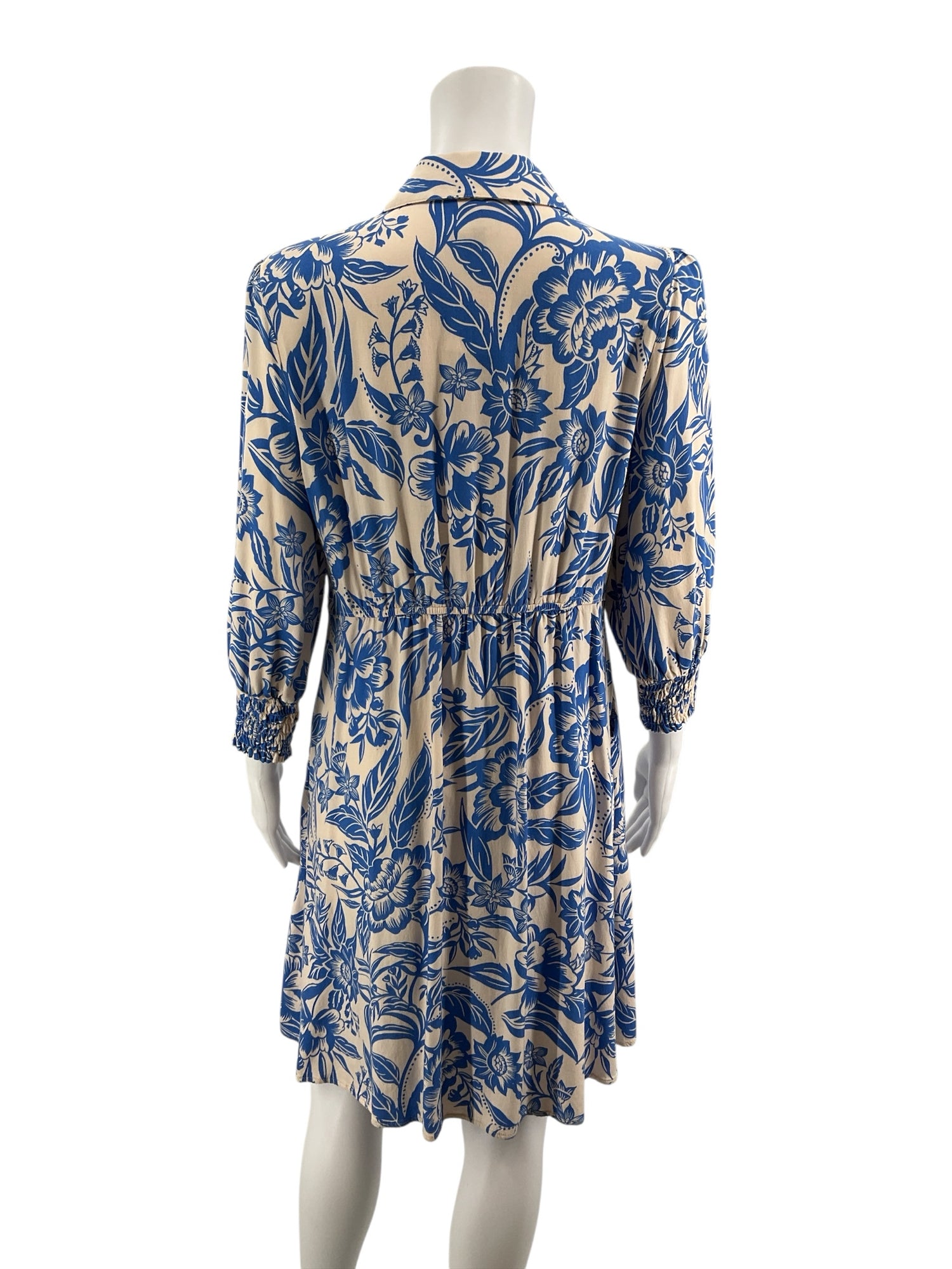 cabi BLUE/CREAM Long Sleeve China Print Dress Blue Cream Floral Chinoiserie Button Front Shirtdress Medium - Size M