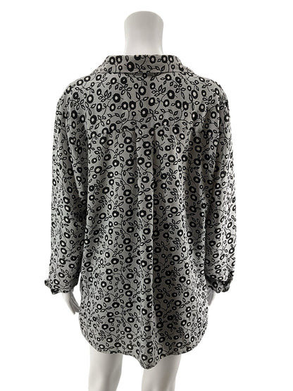LOFT Ann Taylor Gray Abstract Floral Roll-Tab Blouse Size Large