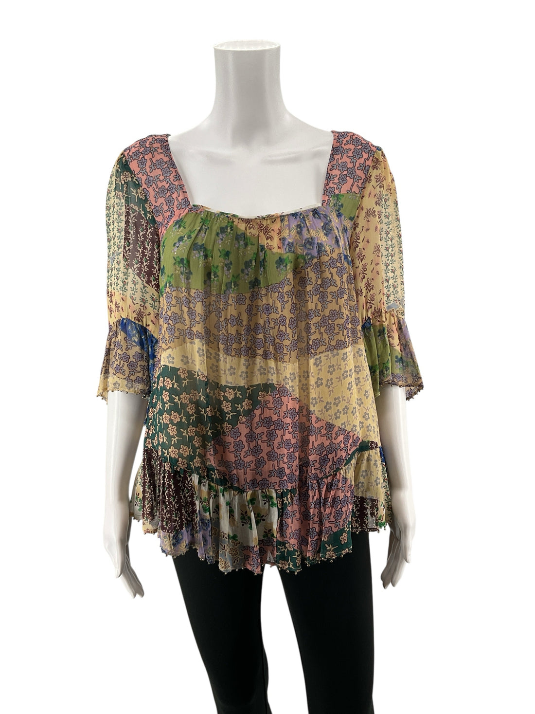 Floreat Multi Color 3/4 Sleeve by Anthropologie Tributary Floral Boho Beaded Blouse Top Size Small - Size S