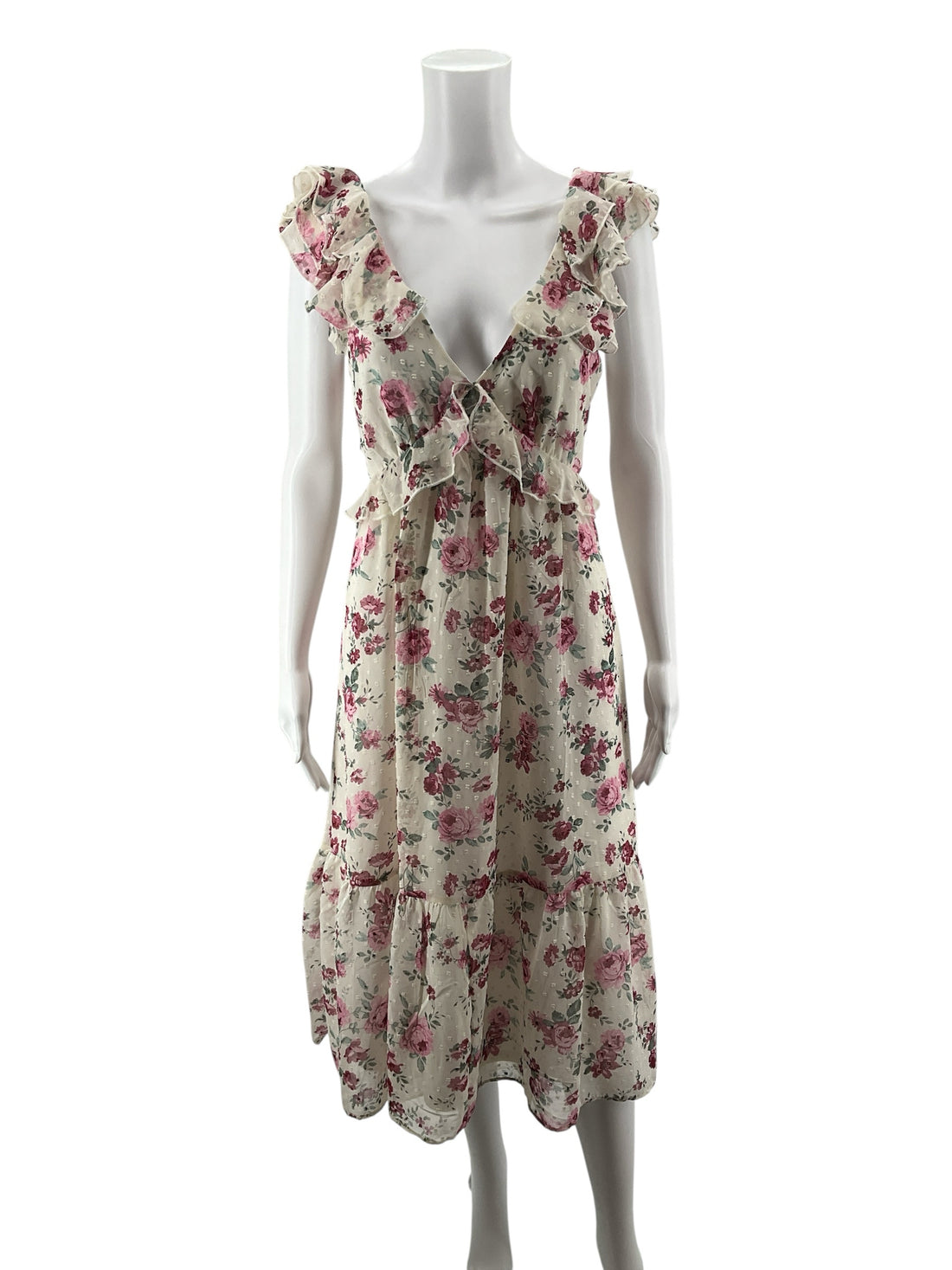 Trixxi white/maroon Maxi Rose Print Ruffle V-Neck Mini Dress NWT Size Medium - Size M