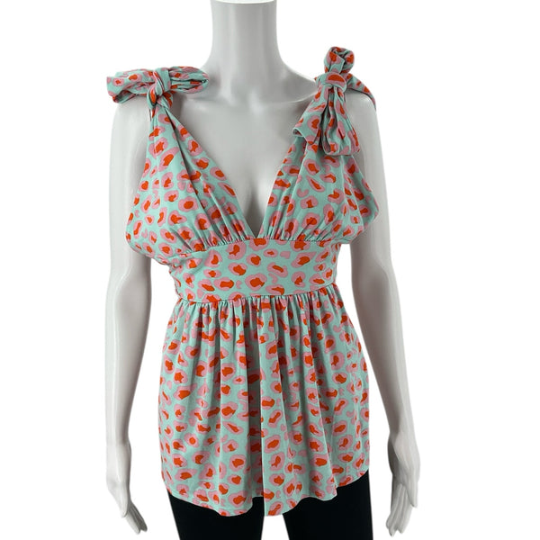 Hayley and the Hound Aqua/Orange Print Ladies Pre-Owned Top - Size Medium - Margaret’s Fine Consignment