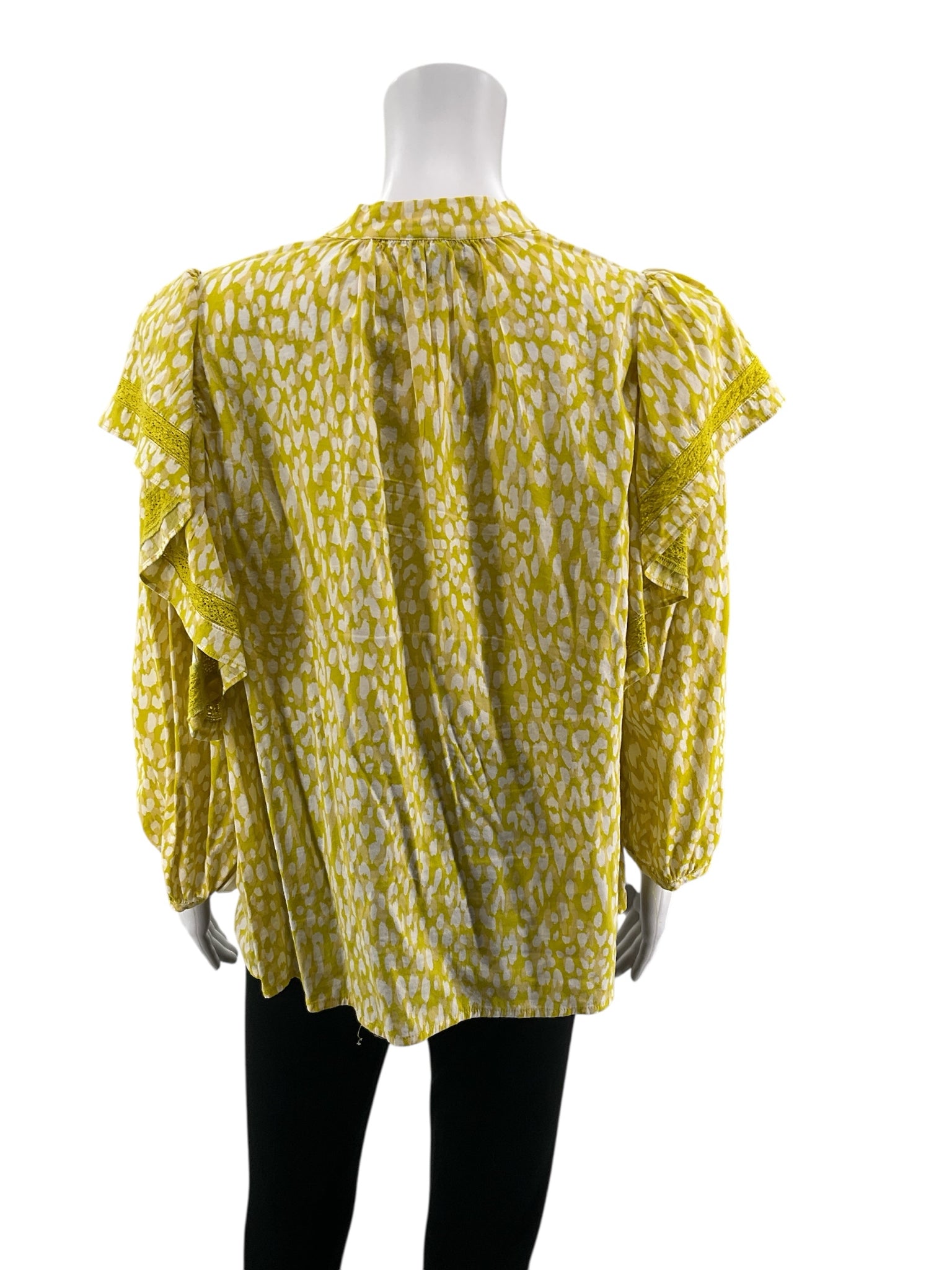 WHO WHAT WEAR mustard/white 3/4 Sleeve Mustard &amp; White Animal Print Ruffle Sleeve Blouse Top Size XL - Size XL