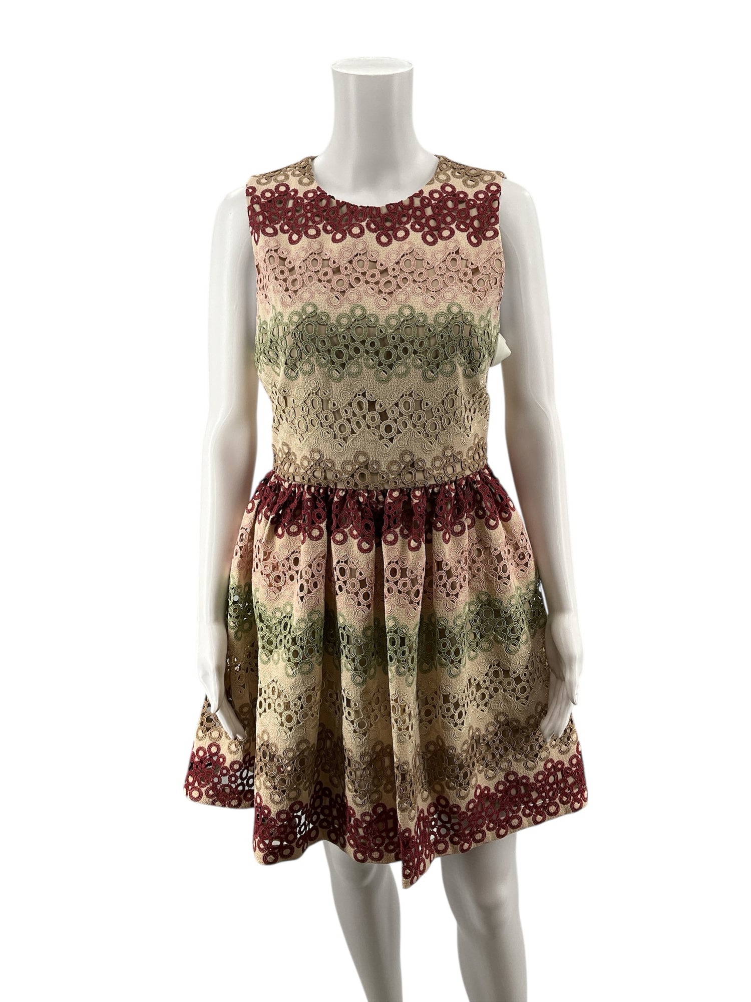 Alice + Olivia tan/maroon/green Fit and Flare Alice + Olivia Tan/Maroon/Green Circles Pre-Owned Ladies Dress - Size 6 - Size 6