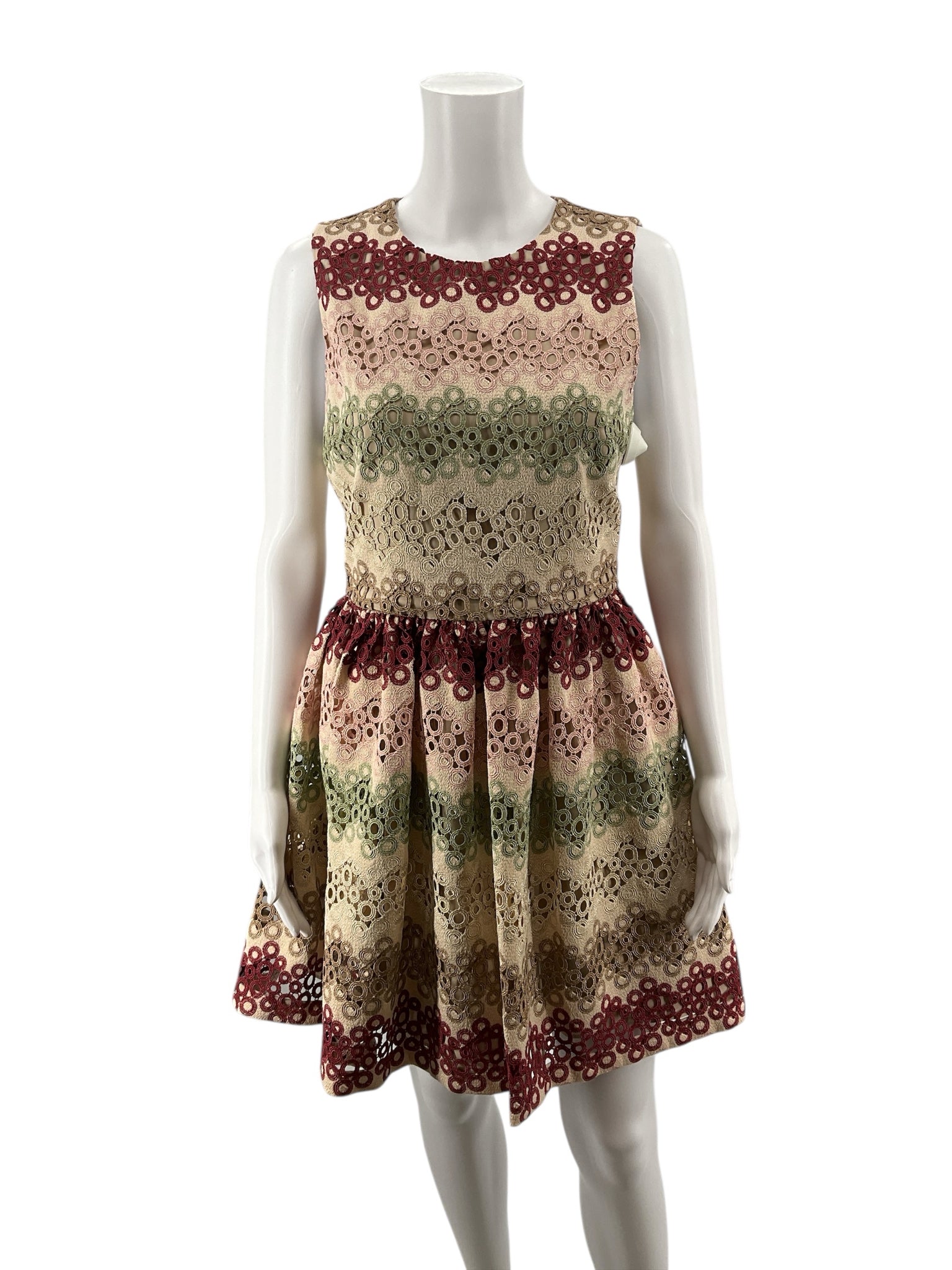 Alice + Olivia tan/maroon/green Fit and Flare Alice + Olivia Tan/Maroon/Green Circles Pre-Owned Ladies Dress - Size 6 - Size 6