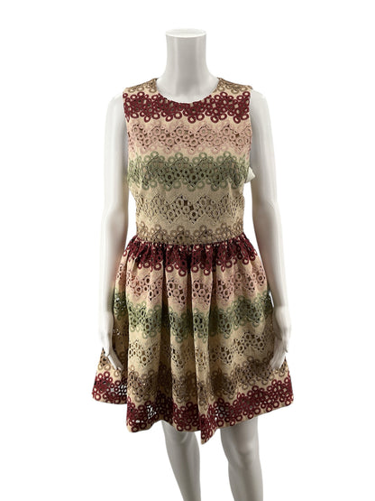 Alice + Olivia tan/maroon/green Fit and Flare Alice + Olivia Tan/Maroon/Green Circles Pre-Owned Ladies Dress - Size 6 - Size 6