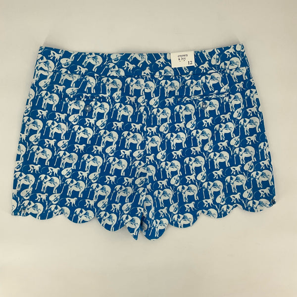 Back view of Crown & Ivy size 12 women's shorts featuring blue and white elephant print and scalloped hem, new with tags.