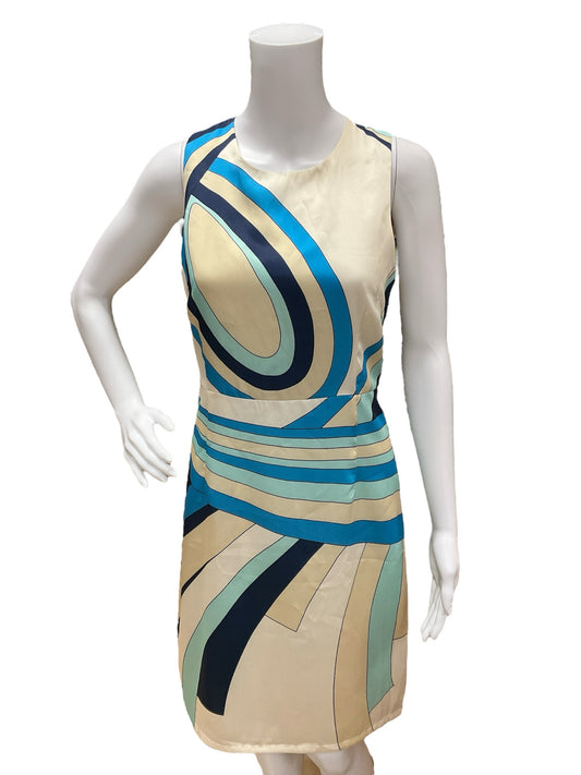 Julie Brown Size 4 Tan/Aqua Print Pre-Owned Dress