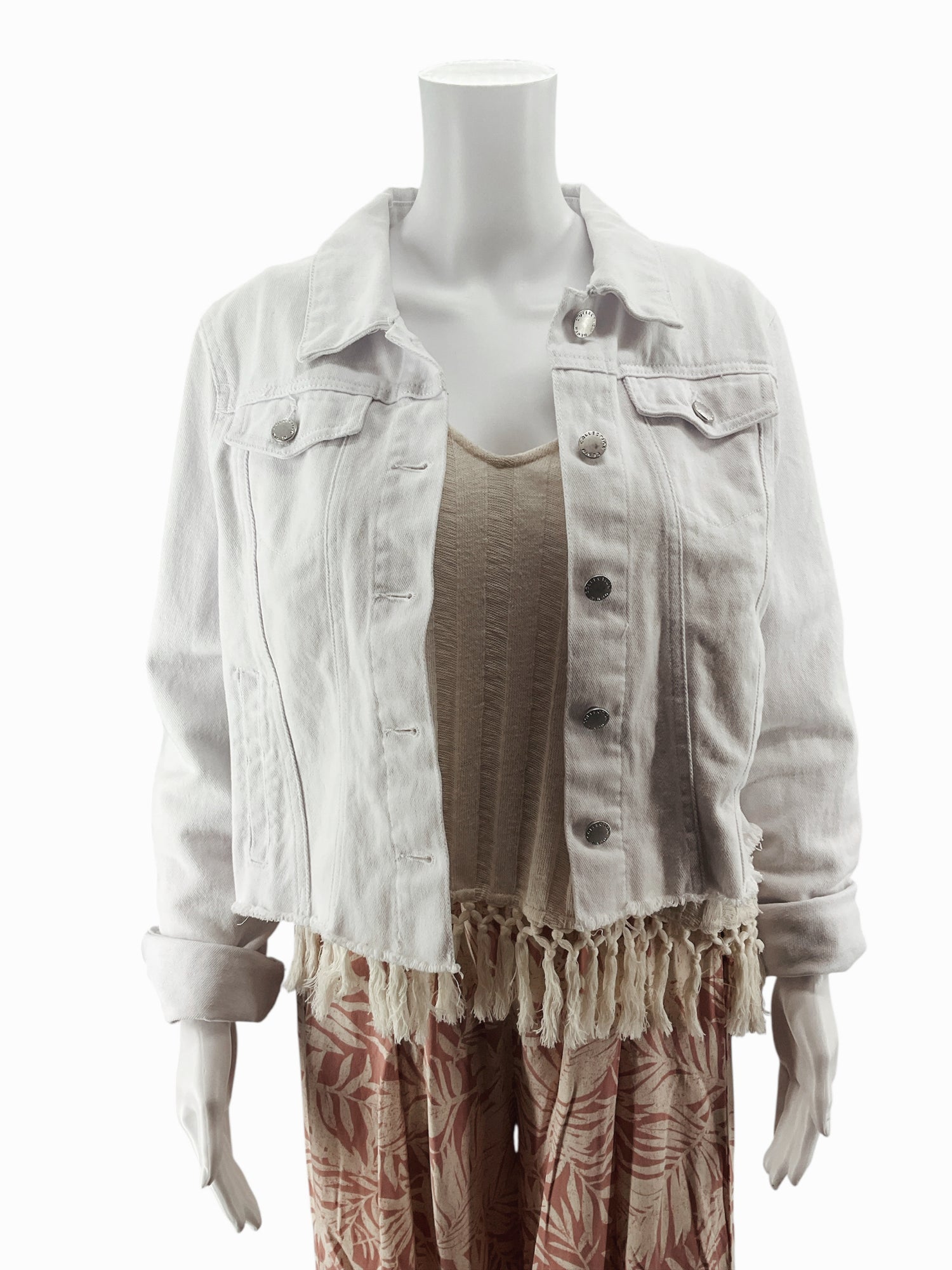 Cisono White Raw Hem Cropped Denim Trucker Jacket Size Large