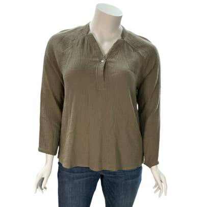 Garnet Hill taupe textured top size 18 displayed on mannequin with jeans, shop consignment tops at Margaret's Fine Consignments.