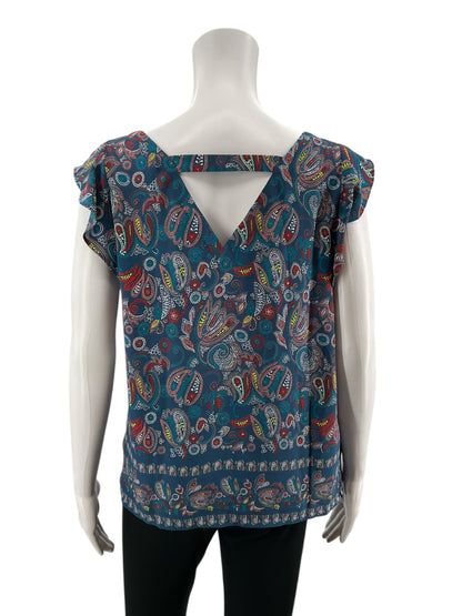 Loft blue/red/yellow Sleeveless Paisley Flutter Sleeve Keyhole Back Blouse Top Size XS - Size XS