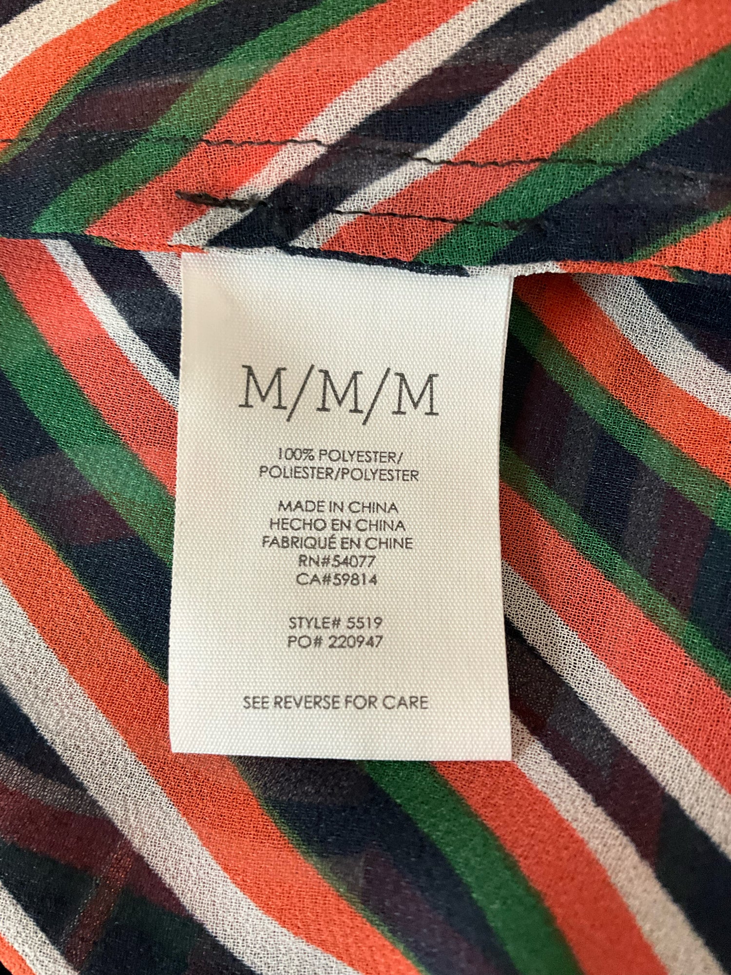cabi Navy/Green/Coral Long Sleeve Chevron Tunic Top Size Medium Navy Green Coral Stripe Sheer Tie Cuff Blouse 5519 - Size M