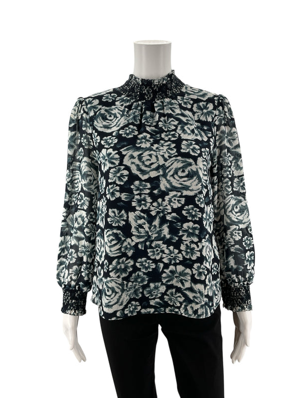 J Crew Navy/White Floral Pre-Owned Ladies Top - Size XS