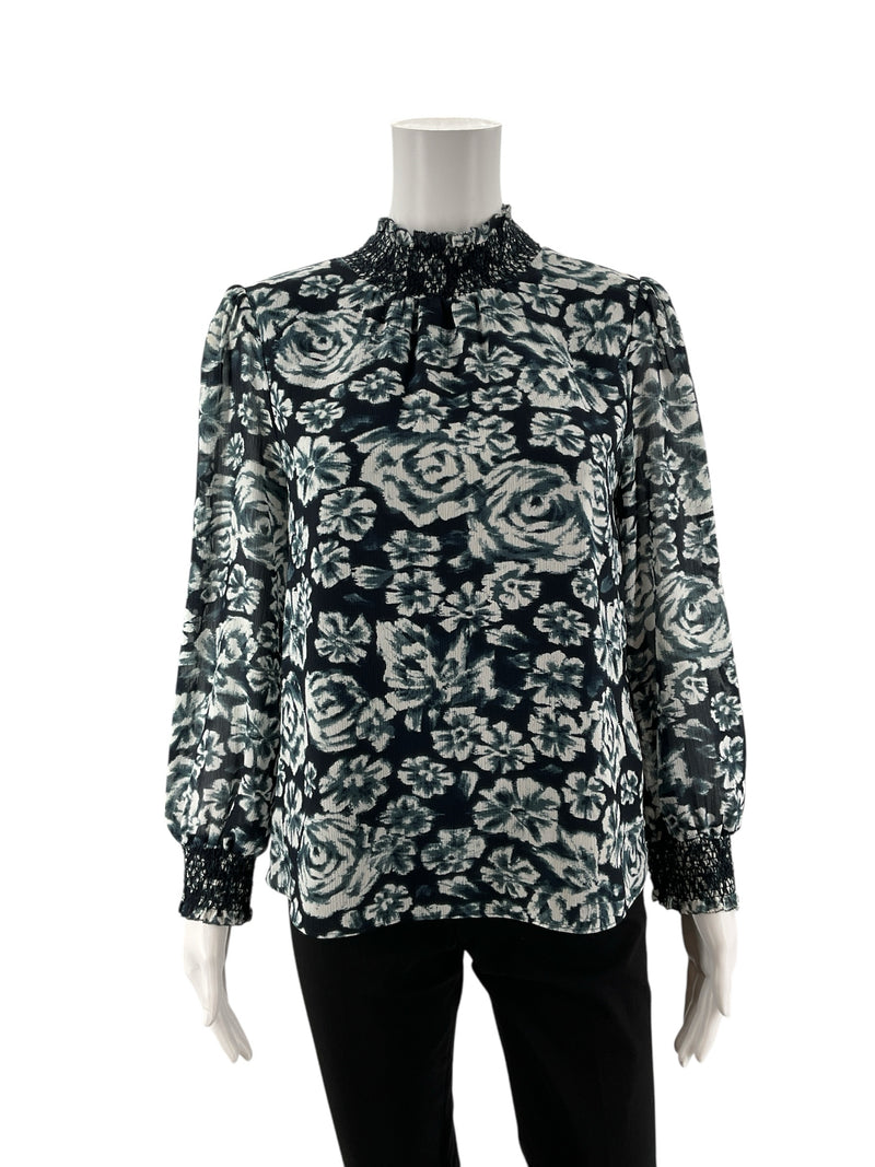 J Crew Navy/White Floral Pre-Owned Ladies Top - Size XS