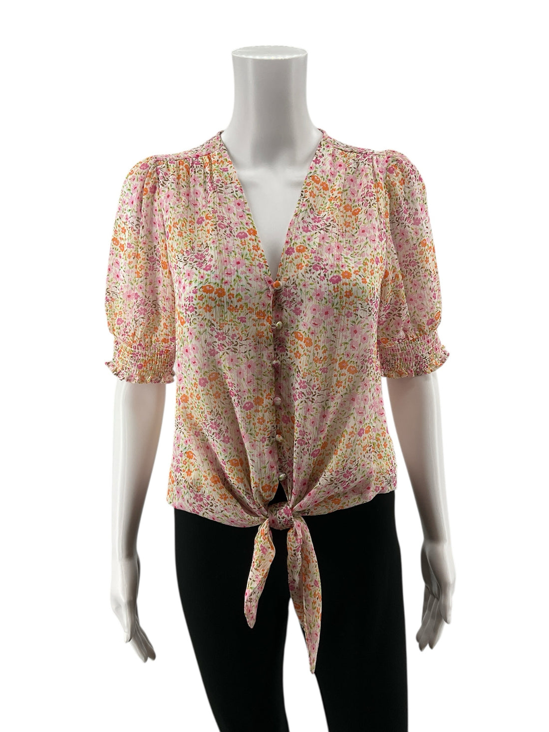 Tamara H. by Tahari white/pink/orange/green/gold Short Sleeve Petite Floral Tie-Front Puff Sleeve Blouse Gold Thread XS - Size XS