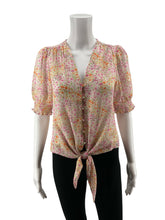 Tamara H. by Tahari white/pink/orange/green/gold Short Sleeve Petite Floral Tie-Front Puff Sleeve Blouse Gold Thread XS - Size XS
