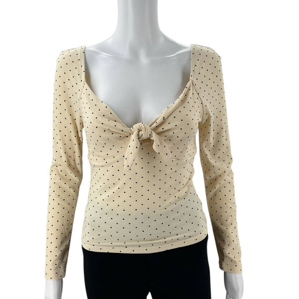 Rihoas Cream/Black Polka Dot long sleeve top in size XS with front tie detail, perfect for juniors' winter fashion. New with tags at Margaret's Fine Consignments.
