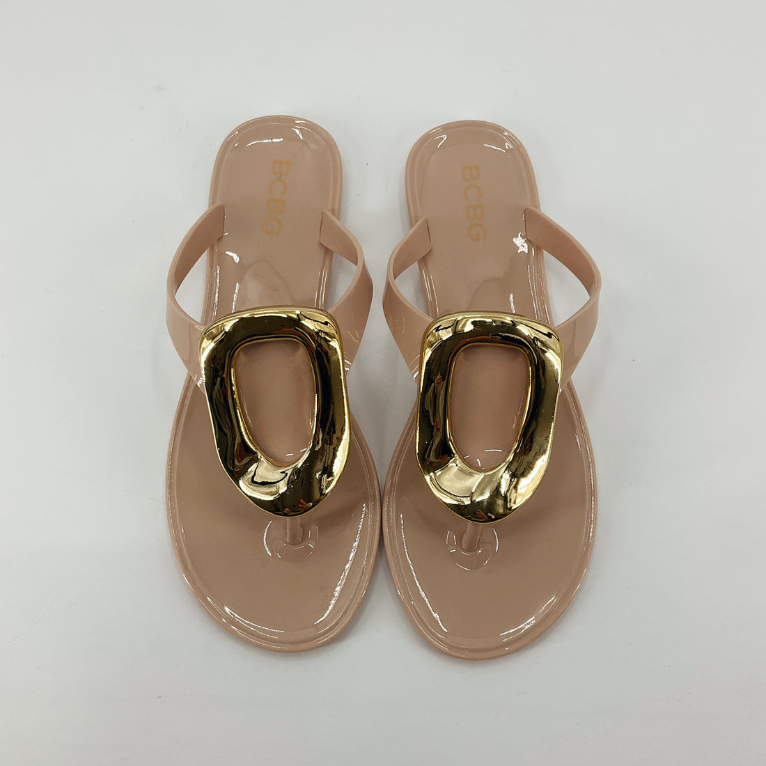 BCBG Paris Tinas Jelly Thong Sandals Nude Pink Gold Emblem Size 6.5 NWT