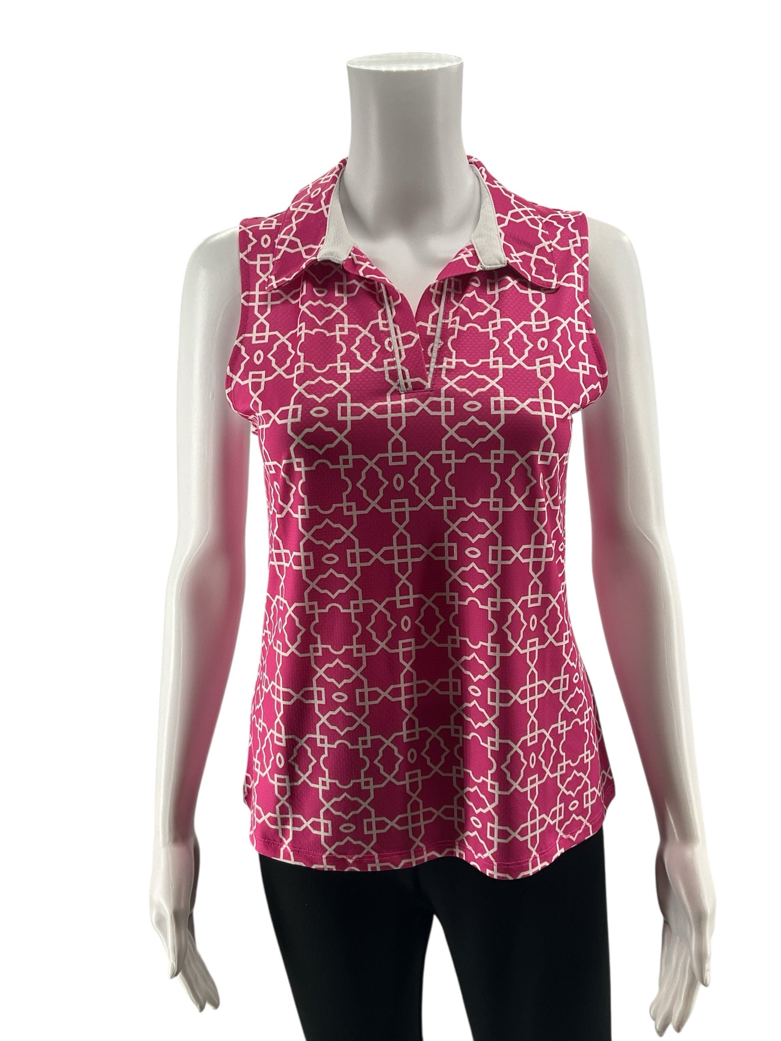 by Gottex Geometric Print Sleeveless Polo Tank Top Pink White Size Small