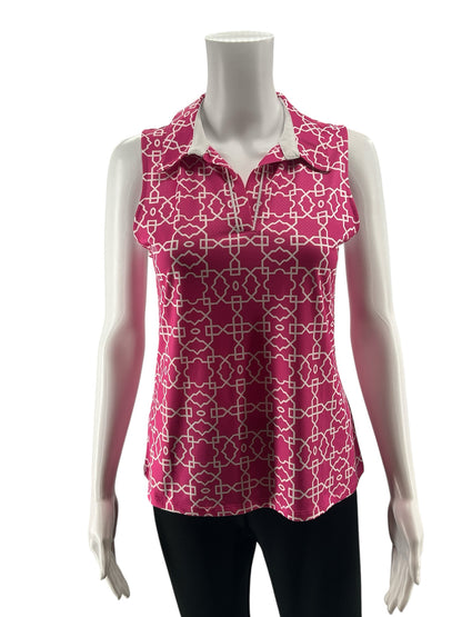 by Gottex Geometric Print Sleeveless Polo Tank Top Pink White Size Small