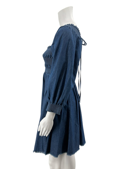 En Saison Denim Smocked Puff Sleeve Mini Dress Blue Medium