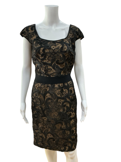 Tadashi Shoji Black &amp; Tan Floral Lace Cap Sleeve Sheath Dress Size 6