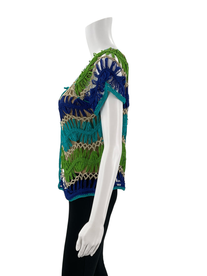 Fever Green/Turquoise Crochet Pre-Owned Ladies Top - Size Large - Margaret’s Fine Consignment