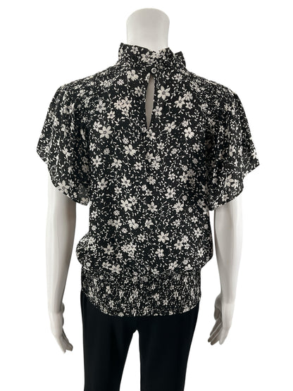 Ann Taylor Black, White Floral Smocked Ruffle Mock Neck Blouse - Size XS - ONLINE ONLY