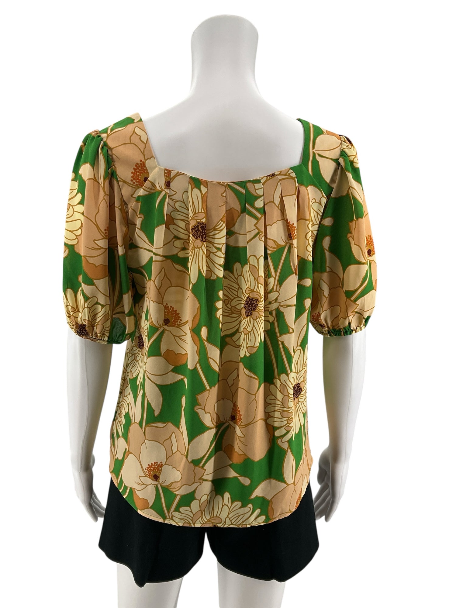 DR2 by Daniel Rainn Floral Puff Sleeve Square Neck Blouse Top XS Green