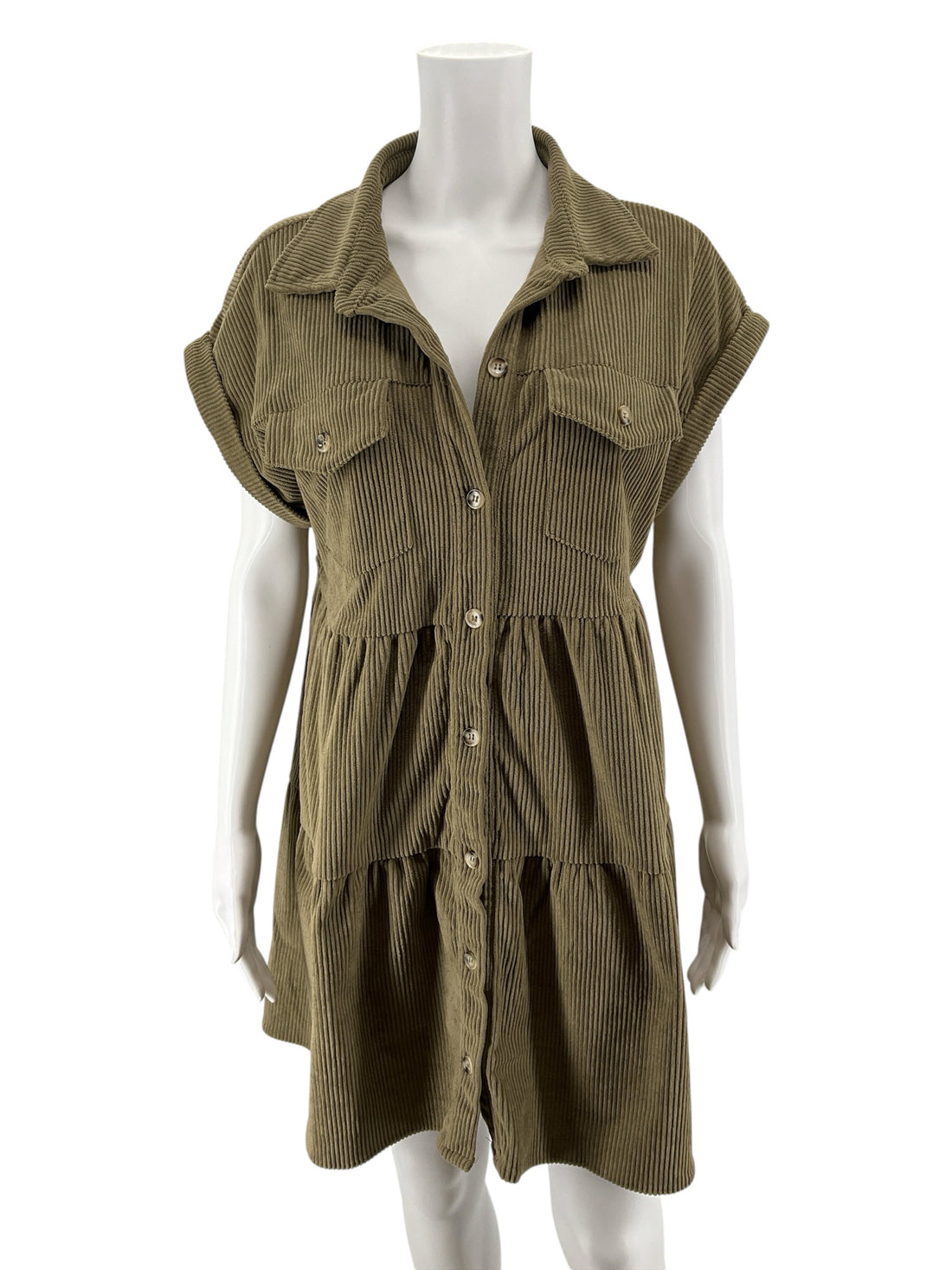 Andree by Unit Olive Green Corduroy Tiered Shirt Dress Size Large