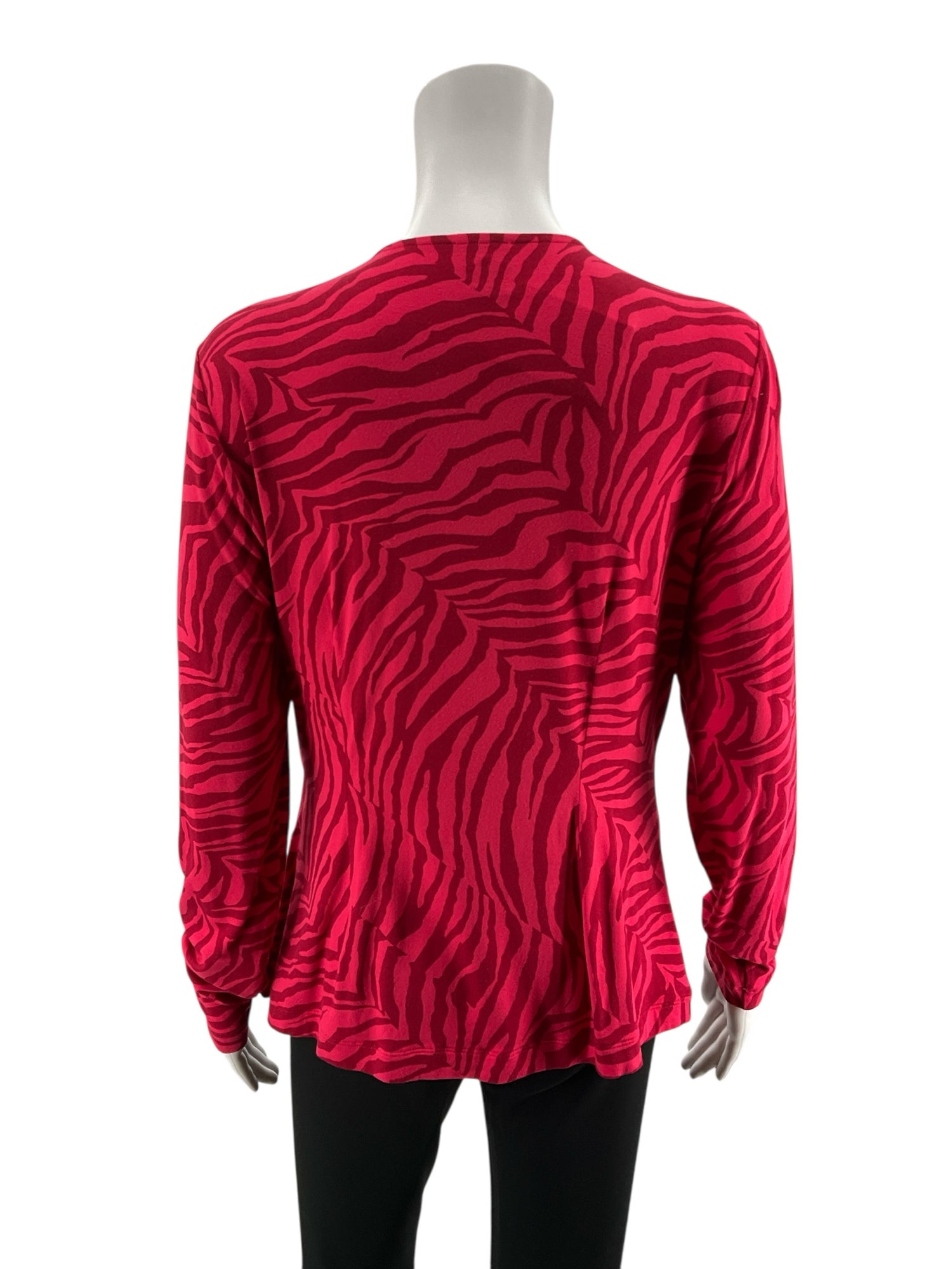 cabi Twist Front Top Medium Red Magenta Zebra Print V-Neck Long Sleeve Blouse