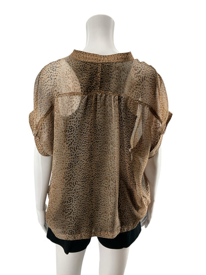 Blu Pepper Leopard Print Sheer Roll Tab Sleeve Blouse Top Brown Size Large