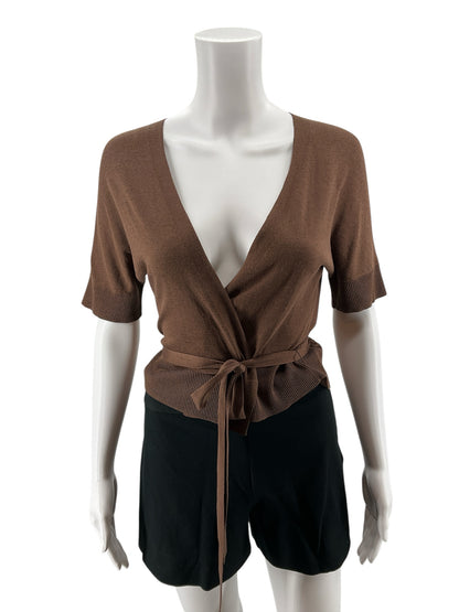 Theory Silk Cotton Blend Dolman Sleeve Wrap Top Brown Size Medium