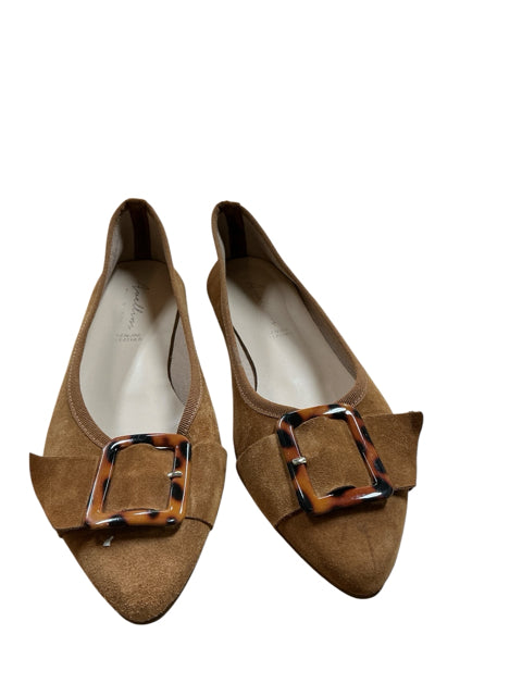 Aquazzura Mondaine Suede Pointed Toe Flats Tortoiseshell Buckle Brown EU 40