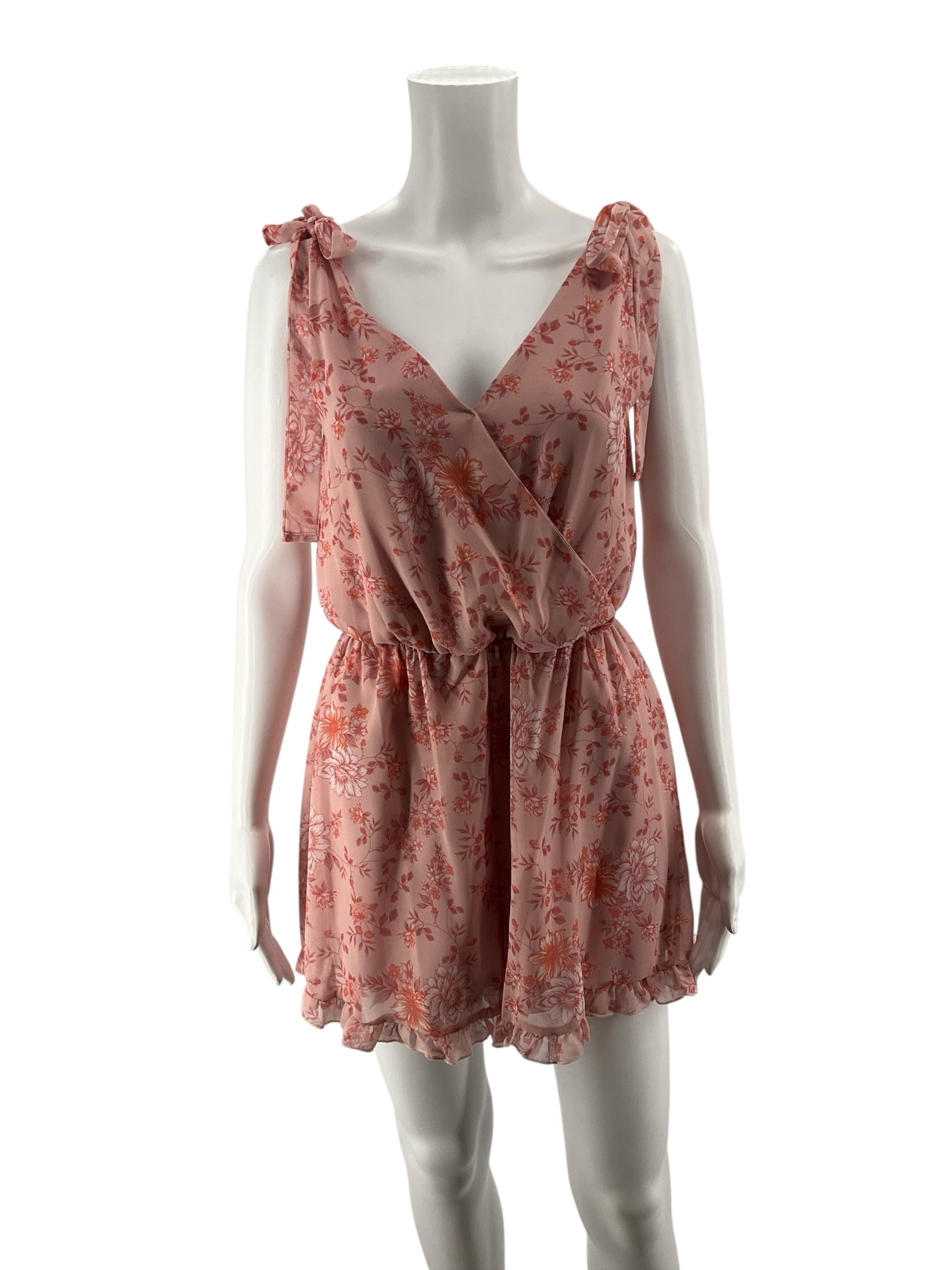 Peach Love California Floral Tie-Shoulder Ruffle Romper Size Medium