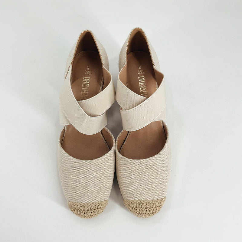 Top view of Dream Pairs tan espadrilles sandals size 8 featuring closed toe and jute-wrapped wedge, ideal for summer wear at Margaret’s Fine Consignments.