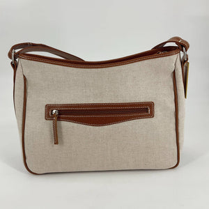 Lederer Natural/Brown Purse with zippered back pocket and adjustable strap, gently used and ideal for everyday or casual outings.