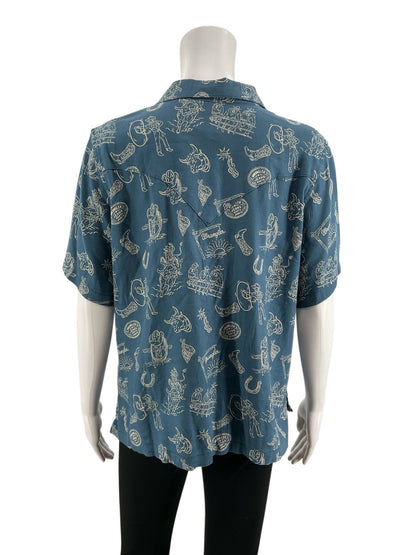 Wrangler Blue/Tan Button Down Western Rodeo Print Camp Shirt Women&