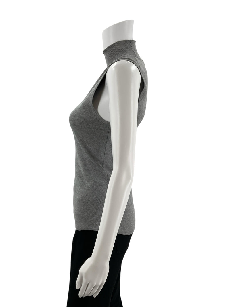 Side profile of Chico's gray sleeveless sweater shell, highlighting the slim fit and smooth knit fabric in size small.